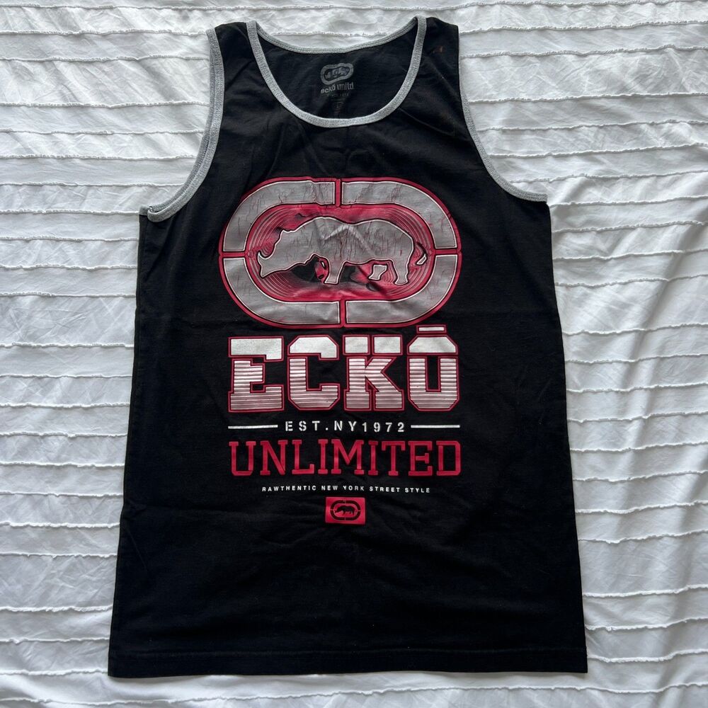 Ecko Unltd Mens Tank Top Size Large Black Gray Ringer Rhino Logo Streetwear Y2K